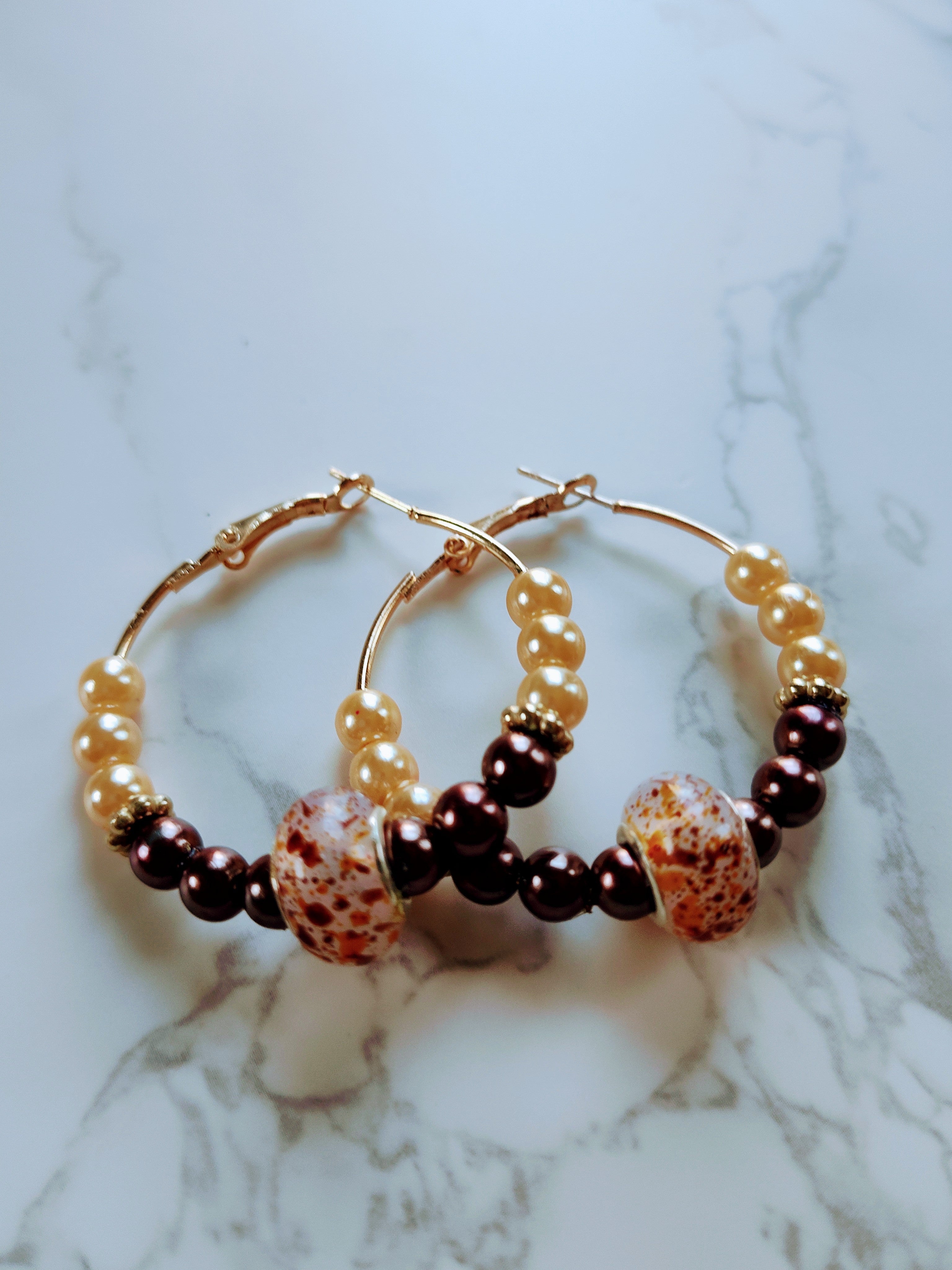Burgundy Small Pearl Beaded Hoop Earrings