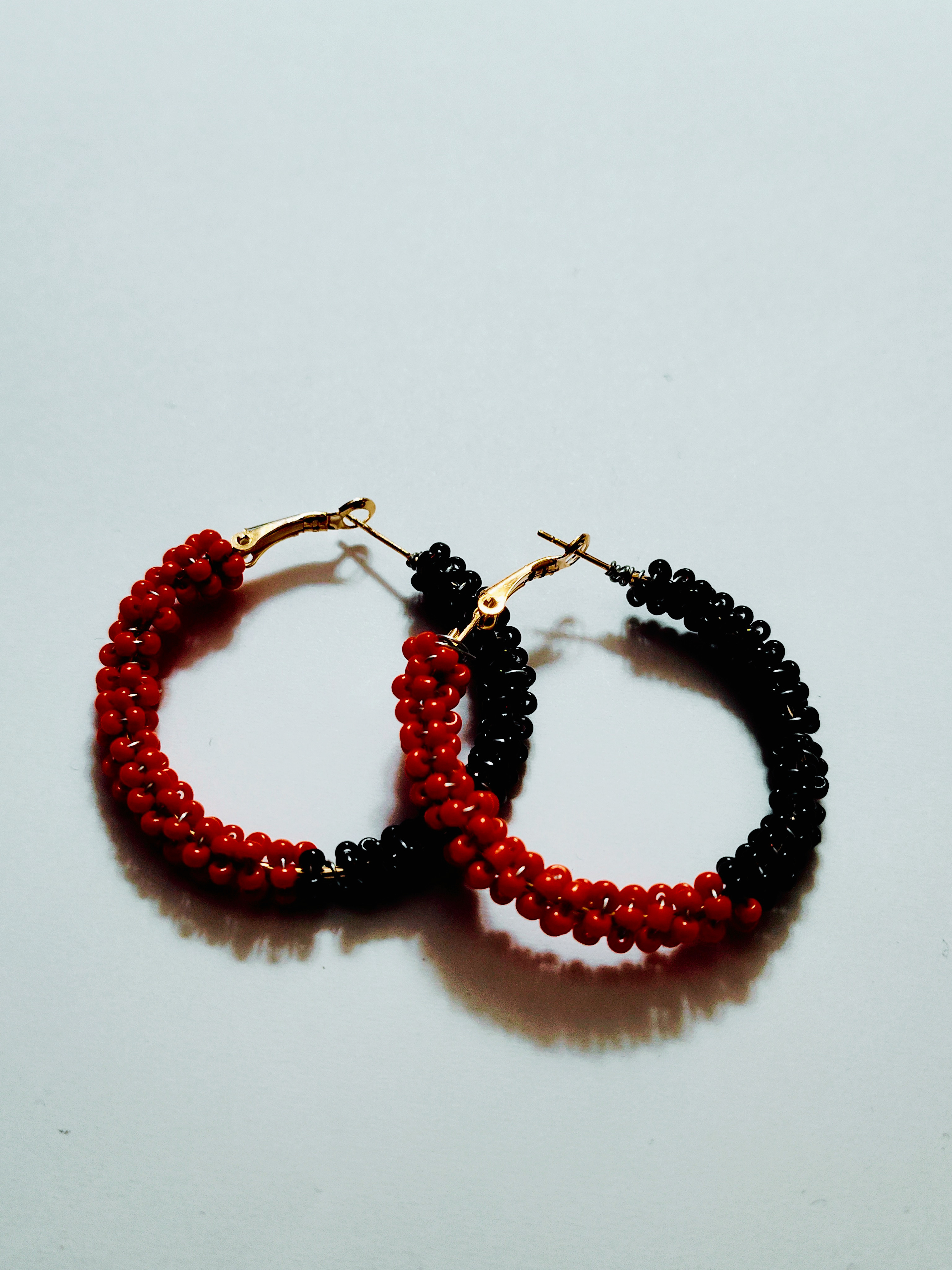 Small Red & Black Beaded Hoop Earrings